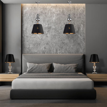 Czarna lampa wisząca z abażurem z tkaniny ze złotym wnętrzem, z chromowanymi akcentami, elegancka MURANEO