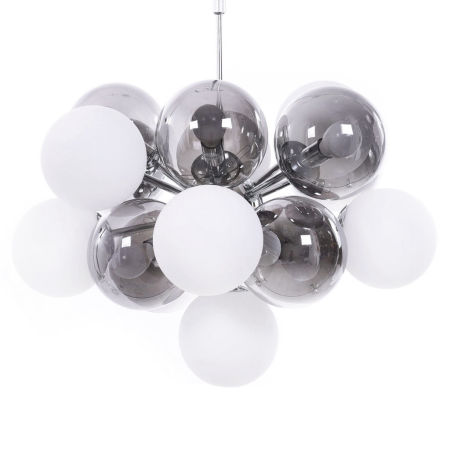 Designerska, chromowana lampa wisząca NEOPSIS W17, białe i dymione, szklane klosze