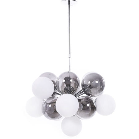 Designerska, chromowana lampa wisząca NEOPSIS W17, białe i dymione, szklane klosze