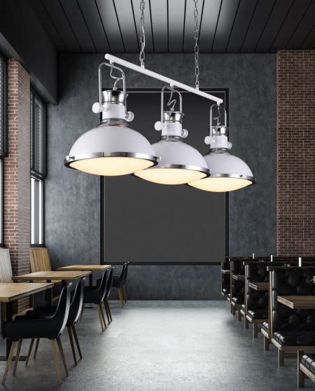 Biała lampa wisząca BATORE W3 na listwie przemysłowa na łańcuchu