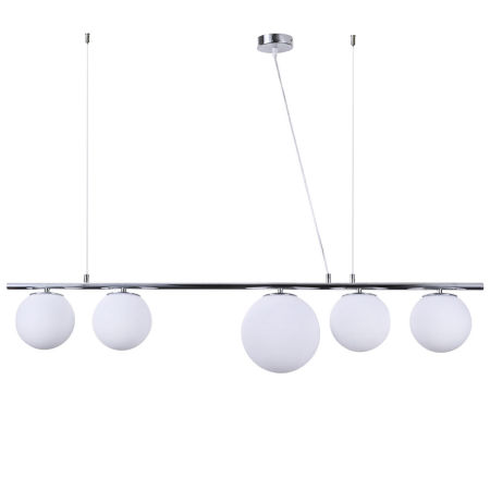 Chromowana lampa wisząca BARISTICA W5 z białymi nowoczesnymi okrągłymi kloszami
