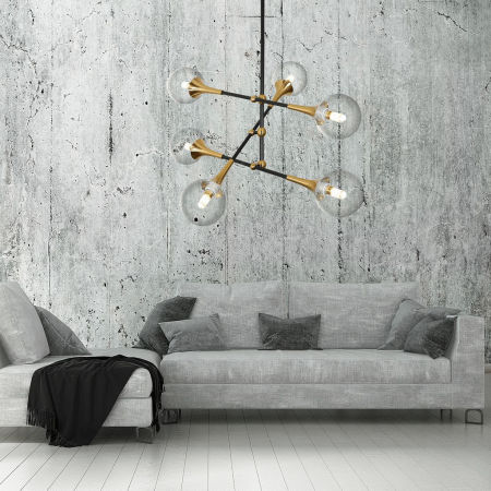 Wieloramienna lampa VIVALDO W6 w kolorze mosiądzu z przezroczystymi kulami