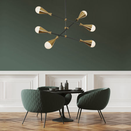 Nowoczesna mosiężna lampa wisząca VALPINA W6 wieloramienna, szklane klosze