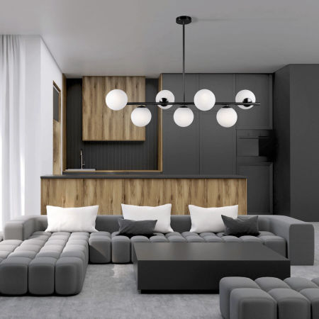 Stylowa, czarna lampa wisząca FREDICA W7, pozioma, białe szklane klosze