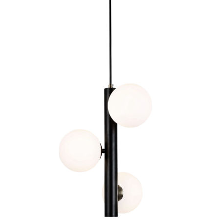 Czarna, elegancka lampa wisząca z okrągłymi białymi kloszami BARICA W3 z mosiężnymi akcentami