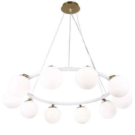 Elegancka, biało-mosiężna lampa wisząca MODICA W10, białe kuliste klosze ruchome