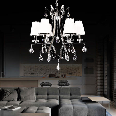 Żyrandol wiszący GLAMOUR W6 z kryształkami biały abażur z tkaniny