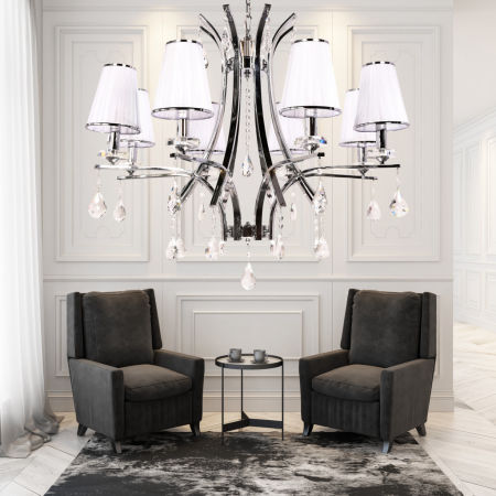 Kryształowy żyrandol GLAMOUR W8 z ośmioma białymi abażurami