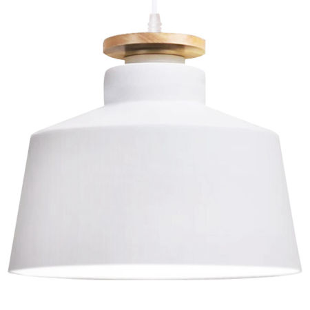 Biała lampa wisząca w stylu skandynawskim LEVANTI D30 z drewnianym dodatkiem