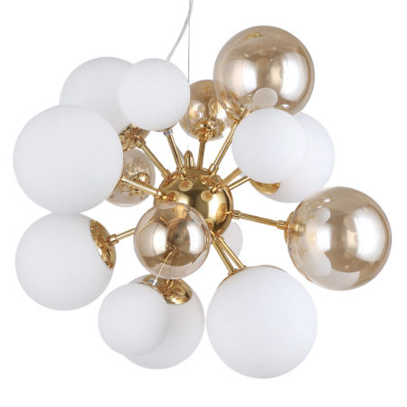 Designerski, złoty żyrandol, białe szklane kule GALAKSIDA W10