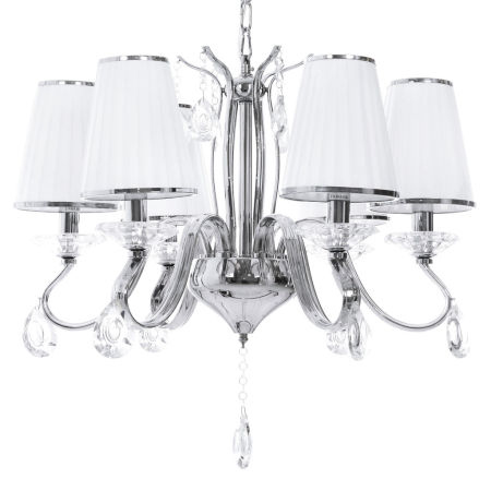 Kryształowy żyrandol sześcioramienny FINEZZIA białe abażury chromowany na łańcuchu