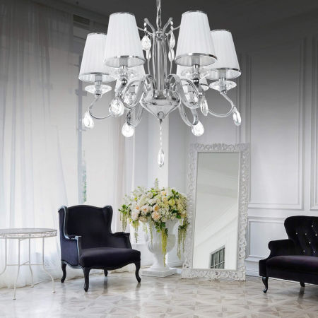 Kryształowy żyrandol sześcioramienny FINEZZIA białe abażury chromowany na łańcuchu