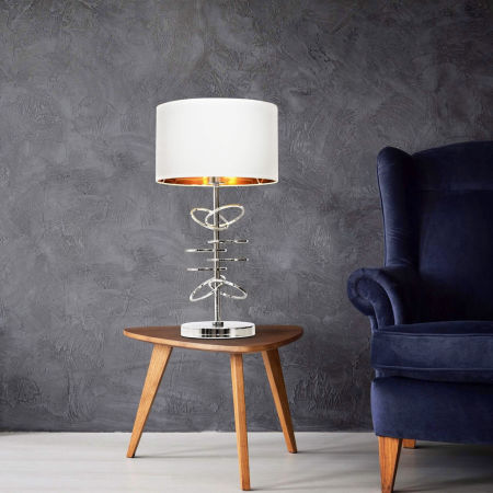 Ekskluzywna lampka nocna, biurkowa MILARI biało-chromowana