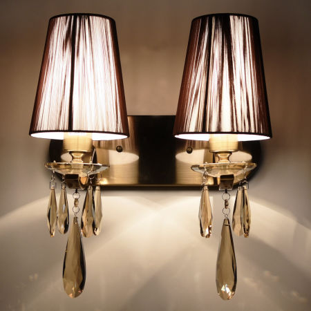 Kinkiet kryształowy mosiężny, podwójny brązowy abażur ALESSIA W2 metalowy