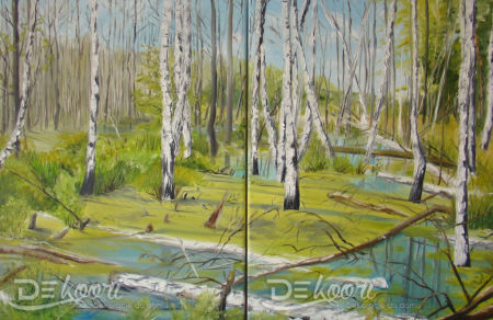 Obraz olejny dyptyk pejzaż natura przyroda las brzozy bagno mokradła 70x45 cm