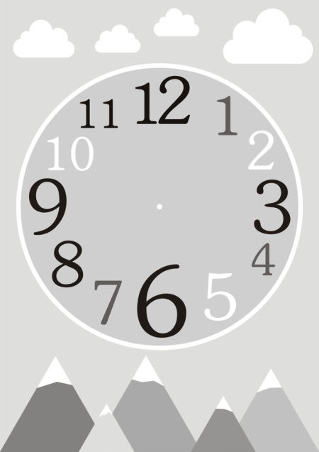 Szary plakat dla dzieci edukacyjny: ZEGAR, godziny, czas, góry, chmurki na ścianę