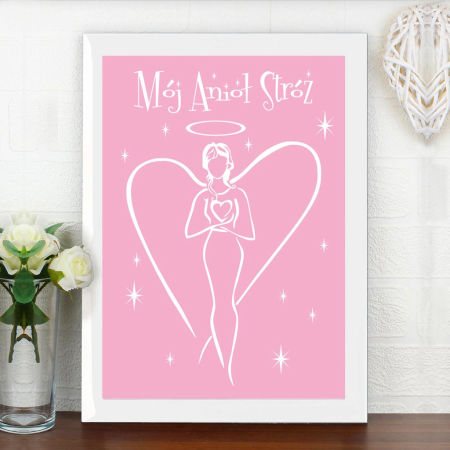 Uroczy plakat do pokoju dziecięcego MÓJ ANIOŁ STRÓŻ różowo-biały
