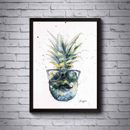 Modny plakat do domu akwarela PAN ANANAS zielono-żółty owoc roślina