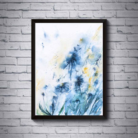 Plakat akwarela DMUCHAWCE mlecz mniszek łąka niebiesko-zielono-żółty