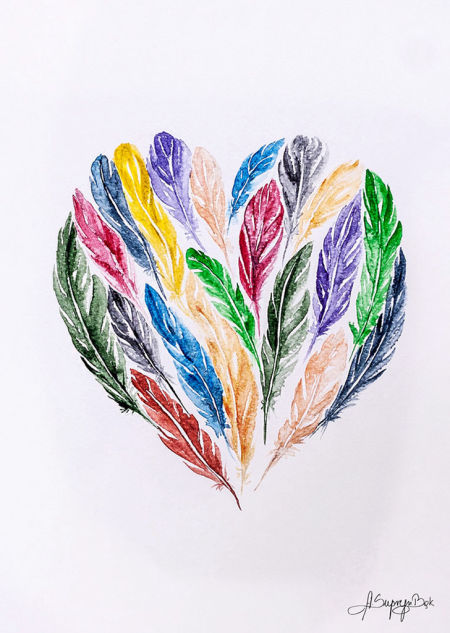 Plakat na ścianę SERCE Z KOLOROWYCH PIÓREK, folkowy, artystyczny, akwarela