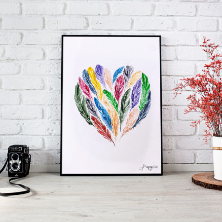 Plakat na ścianę SERCE Z KOLOROWYCH PIÓREK, folkowy, artystyczny, akwarela