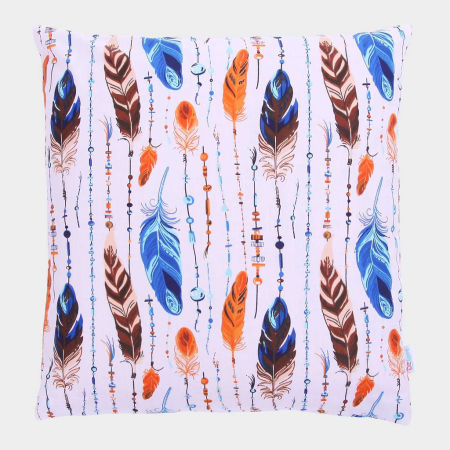 Poszewka ozdobna na poduszkę w PIÓRA pomarańczowo-brązowo-niebieskie boho