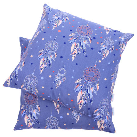 Niebieska poszewka na poduszkę ŁAPACZ SNÓW z piórami, modny styl boho indiański
