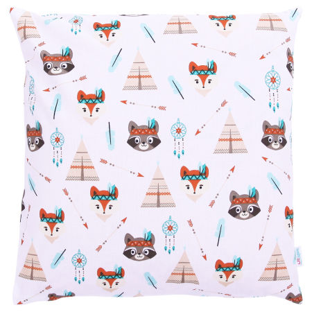 Poszewka na dziecięcą poduszkę indiańska w misie, szop, lis, strzałki, pióra i tipi