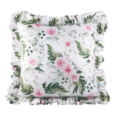 Poszewka ozdobna z falbanką róże na białym tle