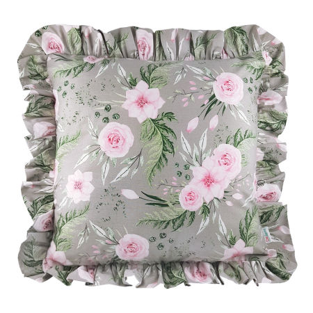 Klasyczna szara poszewka dekoracyjna z falbanką w róże