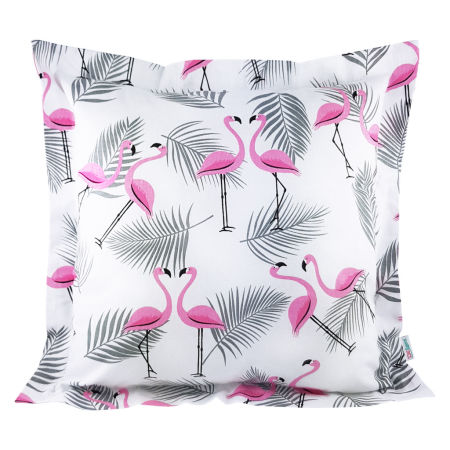 Tropikalna poszewka minimalistyczna w różowe flamingi i szare liście palmy