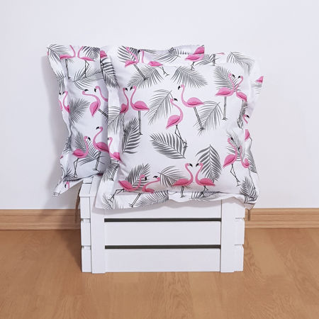 Tropikalna poszewka minimalistyczna w różowe flamingi i szare liście palmy