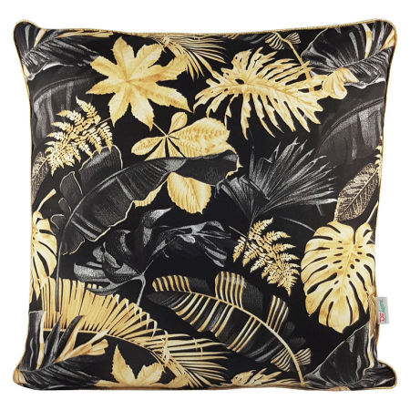 Czarna skandynawska poszewka w złote i szare liście monstery, bananowca