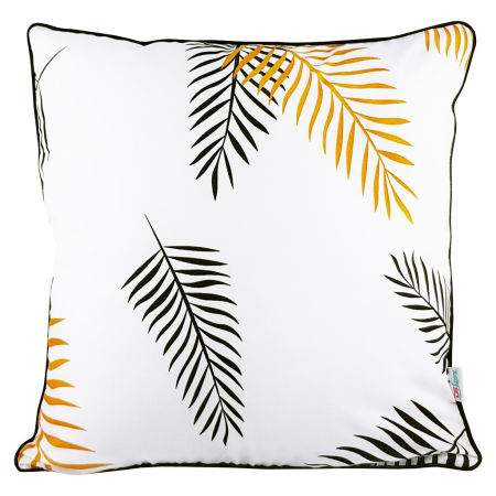Botaniczna biała poszewka w czarne i złote, miedziane liście palmy