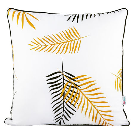 Botaniczna biała poszewka w czarne i złote, miedziane liście palmy