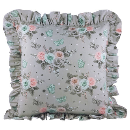 Szara prowansalska poszewka na poduszkę w różowe i miętowe róże, motylki, z falbanką