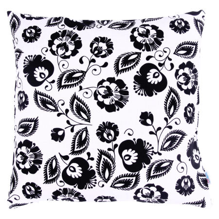 Ozdobna poszewka na poduszkę we WZÓR ŁOWICKI folk kwiatowy ludowy biało-czarna