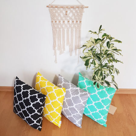 Żółta poszewka na poduszkę w biały wzór MAROKAŃSKA KONICZYNA dekoracyjna