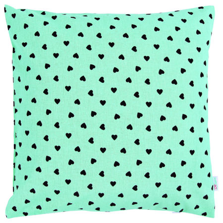 Miętowa poszewka na poduszkę w czarne SERCA SERDUSZKA ozdobna