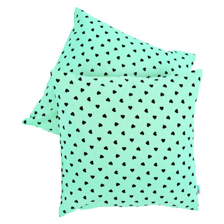 Miętowa poszewka na poduszkę w czarne SERCA SERDUSZKA ozdobna