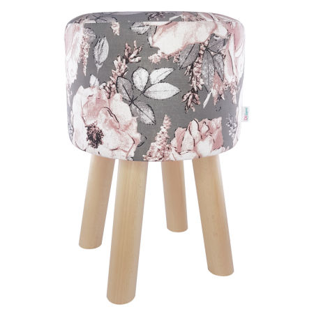 Modny, ponadczasowy puf w kwiaty dzikiej róży na szarym tle