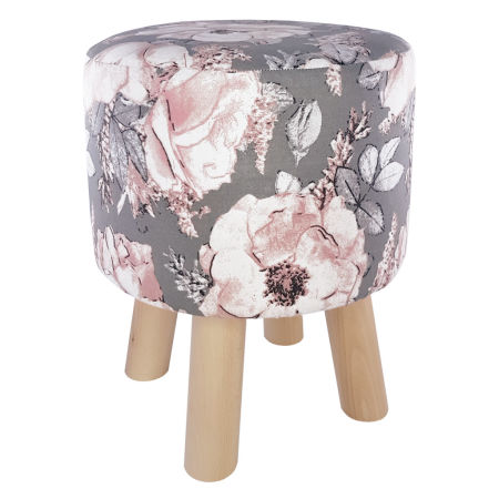 Modny, ponadczasowy puf w kwiaty dzikiej róży na szarym tle