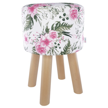 Ozdobny puf do toaletki w stylu retro w róże i listki na białym tle