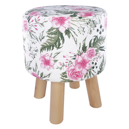 Ozdobny puf do toaletki w stylu retro w róże i listki na białym tle