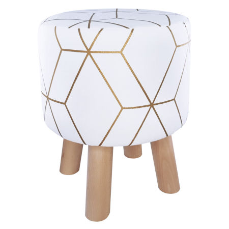 Designerski biały puf w złoty geometryczny wzór w stylu glamour