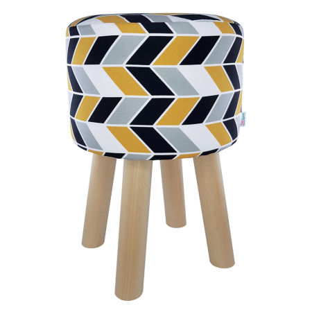 Puf do toaletki w czarno-biało-szaro-musztardową jodełkę w stylu retro