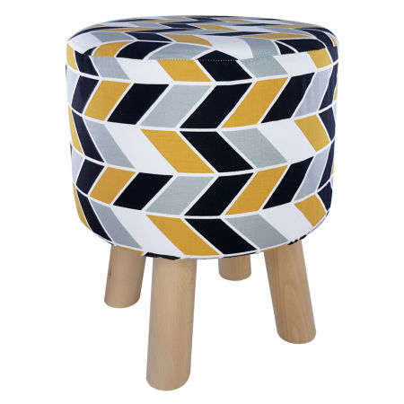 Puf do toaletki w czarno-biało-szaro-musztardową jodełkę w stylu retro