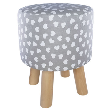 Szary puf do sypialni, pokoju dziecięcego w białe serduszka