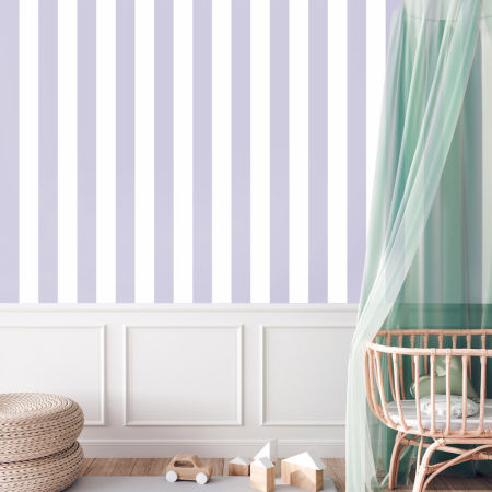 Fioletowo-biała, dekoracyjna tapeta na ścianę, pasy pionowe 10 cm