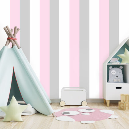 Biało-różowo-szara tapeta na ścianę, dekoracyjna, pasy pionowe 16,6 cm